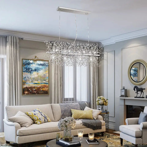 Modern Crystal Firework Chandelier, Linear LED Pendant Light For Dining Room, Bedroom And Living Room, Chrome Dandelion Fixture.