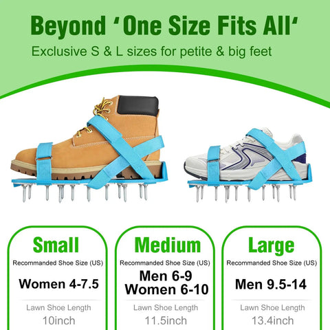 Small, medium, and large Lawn Aerator Shoes For Grass And Yard Care, Preassembled with adjustable hook and loop straps for men and women.