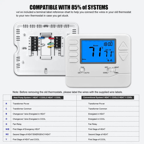 Non-Programmable Heat Pump Thermostat For Home Use Up To 2 Heat And 1 Cool, front view with wiring diagram and screen display.