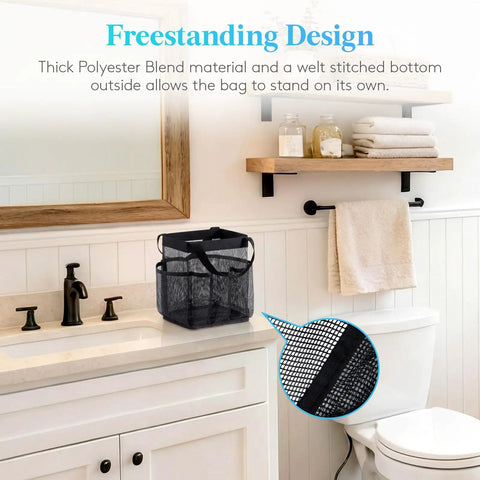 Dope Portable Mesh Shower Caddy With Seven Pockets freestanding on bathroom counter, black 300D polyester material