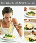 Woman using 24 Piece Stainless Steel Silverware Set For 4 Dishwasher Safe Flatware Utensils with pasta and egg dishes
