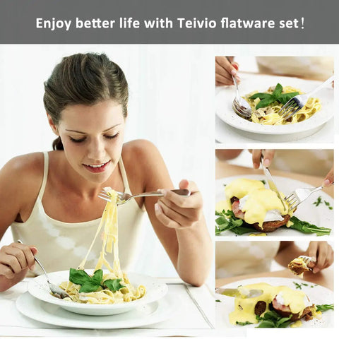 Woman using 24 Piece Stainless Steel Silverware Set For 4 Dishwasher Safe Flatware Utensils with pasta and egg dishes