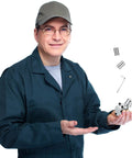 Front view of Swakuta BPV-31 compatible 10-pack valve kit with metal fittings and hex key, held by a man in blue coveralls.