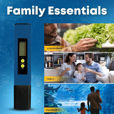 Pocket Size Digital PH Meter Pen With LCD Display For Quick Water Testing High Accuracy ATC Calibration For Aquarium Pool Wine Urine And Hydroponics Includes TDS Meter And Portable On The Go Design with images of family, hydroponics, and aquarium.