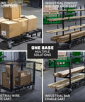 Heavy Duty Mobile Industrial Pipe And Lumber Rack Cart That Moves Like Butter With Four Double Sided Shelves for sorting boxes and lumber.