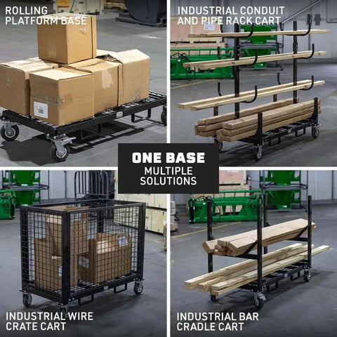 Heavy Duty Mobile Industrial Pipe And Lumber Rack Cart That Moves Like Butter With Four Double Sided Shelves for sorting boxes and lumber.