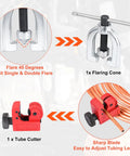Go-To All-In-One 3/16 Brake Line Repair Kit showing flaring cone and tube cutter with copper tubing detail