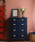 Blue dresser with 2-Pack Solid Brass Cup Cabinet Pulls in Brushed Brass Finish, Half Moon Style, 3-Inch Hole Center, used for furniture