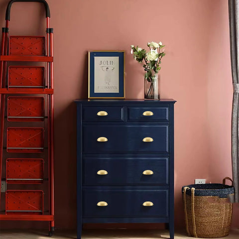 Blue dresser with 2-Pack Solid Brass Cup Cabinet Pulls in Brushed Brass Finish, Half Moon Style, 3-Inch Hole Center, used for furniture