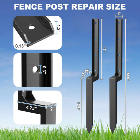 Six Pack Fence Post Repair Kit with 33.6 inch ground stakes and thickened steel anchor spikes, size dimensions shown