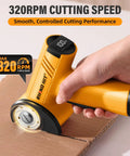 Get The Rhino Hit Cordless Electric Scissors Up A Gear With 4 Speed Settings Up To 320 Rpm For Fast, Smooth Cuts Through Cardboard And Packaging Materials This Yellow Rotary Cutter Is A Total Beast For Any Pro Or Diy Enthusiast Looking For Power And in use cutting through cardboard.