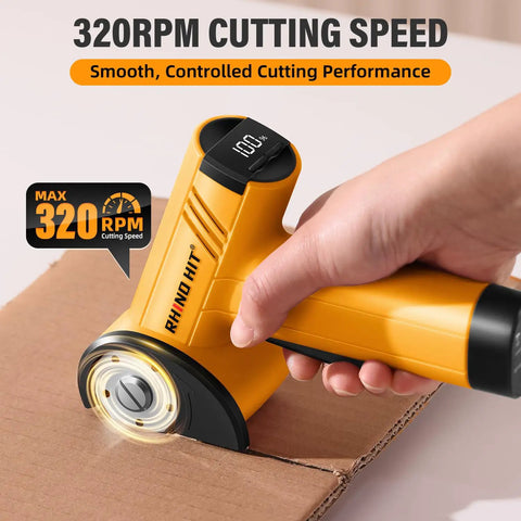 Get The Rhino Hit Cordless Electric Scissors Up A Gear With 4 Speed Settings Up To 320 Rpm For Fast, Smooth Cuts Through Cardboard And Packaging Materials This Yellow Rotary Cutter Is A Total Beast For Any Pro Or Diy Enthusiast Looking For Power And in use cutting through cardboard.