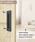 8-3/5 Inch Sliding Barn Door Handle Matte Black Finger Pull Flush Mount shown installed on wooden door with screws