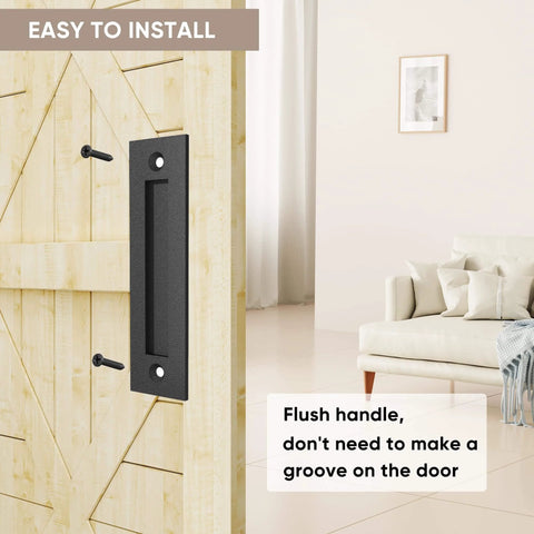 8-3/5 Inch Sliding Barn Door Handle Matte Black Finger Pull Flush Mount shown installed on wooden door with screws