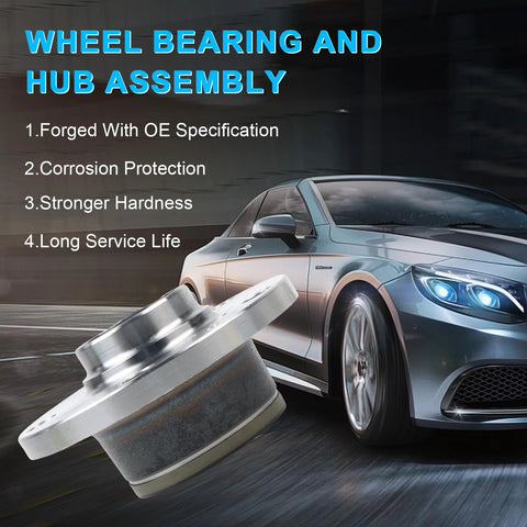 Rear Wheel Bearing Hub Assembly 5 Lug With ABS 2 Pack, close-up view with features listed, car shown in background