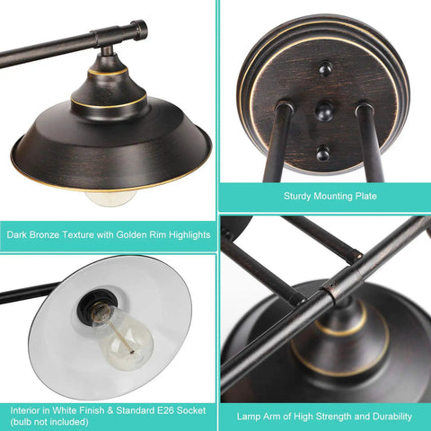Industrial Rustic 3 Light Vanity Wall Sconce in Dark Bronze with vintage gold trim details and E26 socket features