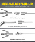 Close-up view of grease gun coupler fitting options for the 9 Piece Grease Gun Accessory Kit With Bent And Straight Needle Tips, Nozzles.