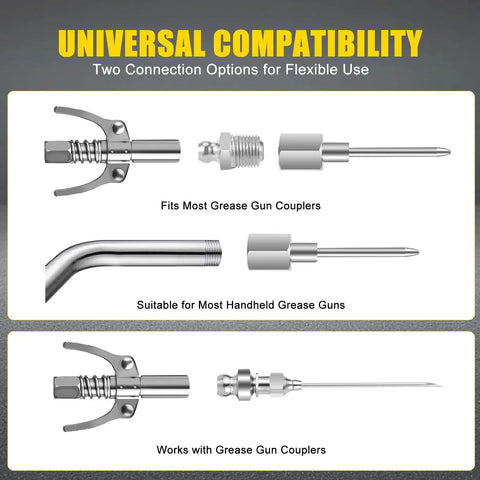 Close-up view of grease gun coupler fitting options for the 9 Piece Grease Gun Accessory Kit With Bent And Straight Needle Tips, Nozzles.