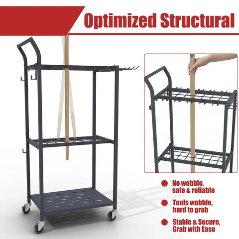 Heavy Duty Rolling Garden Tool Organizer On Wheels With 14 Hooks And 5 Slots, 3 Tier Metal Cart Holds Rakes Shovels Brooms
