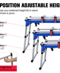 3-position adjustable height feature of Built Tough Miter Saw Stand And Five In One Folding Portable Workbench In Blue.
