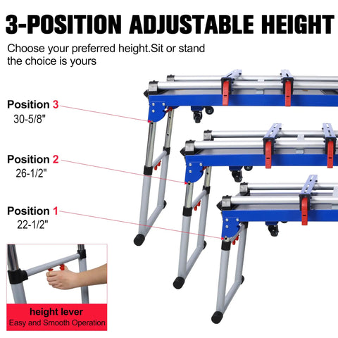 3-position adjustable height feature of Built Tough Miter Saw Stand And Five In One Folding Portable Workbench In Blue.