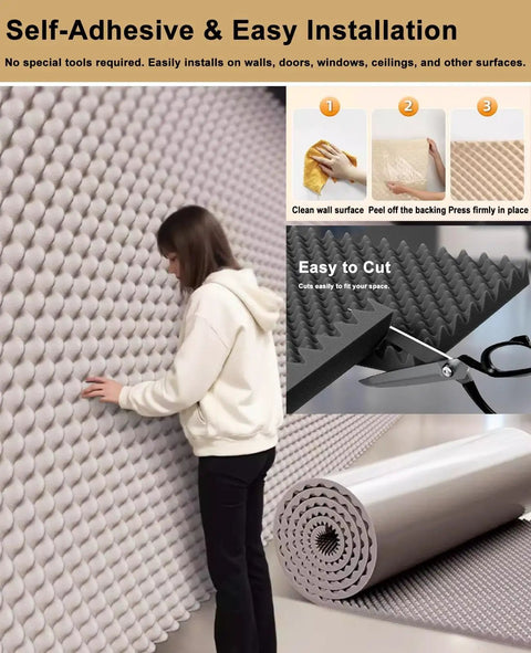 Self Adhesive Acoustic Foam Panels Black Roll Soundproof Wall And Ceiling Noise Dampening, 5m x 1m, easy installation by user.