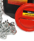 Badass Three Eighths Grade 30 Proof Coil Chain 63 Foot Hot Galvanized Zinc Plated Linkage For Fencing And Rigging Shop Ready Heavy Duty Yard Workhorse No Nonsense Hardware Essential on red spool with linked chain.