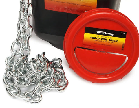Badass Three Eighths Grade 30 Proof Coil Chain 63 Foot Hot Galvanized Zinc Plated Linkage For Fencing And Rigging Shop Ready Heavy Duty Yard Workhorse No Nonsense Hardware Essential on red spool with linked chain.