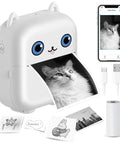 Pocket Sized Portable Bluetooth Mini Sticker Maker With Slick Inkless Thermal Tech And One Roll Of Glossy Paper printing a cat photo.