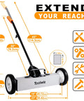 18 Inch Magnetic Sweeper With 26 Lbs Pull Rolling Wheels And Telescoping Extension Handle For Quick Debris Release Display