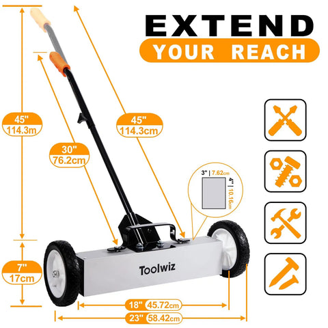 18 Inch Magnetic Sweeper With 26 Lbs Pull Rolling Wheels And Telescoping Extension Handle For Quick Debris Release Display