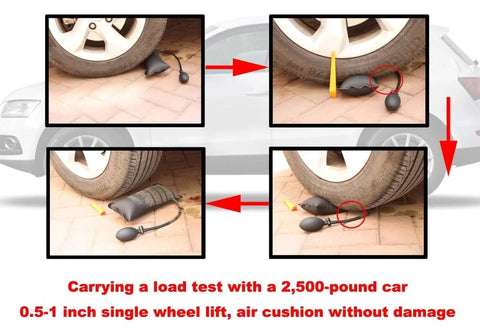 Beefy Heavy Duty Three Piece Air Wedge Bag Pump Kit lifting a vehicle wheel for precise leveling and alignment.