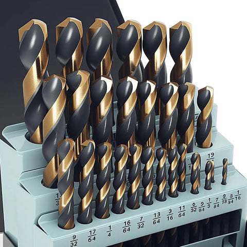 29 Piece Cobalt Drill Bit Set With 135 Degree Tips Beefy High Speed Steel Black And Gold Finish For Metal Wood Plastic 1/16 Inch To 1/2 Inch Includes Metal Indexed Storage Case displayed in open storage case with drill bits organized by size.