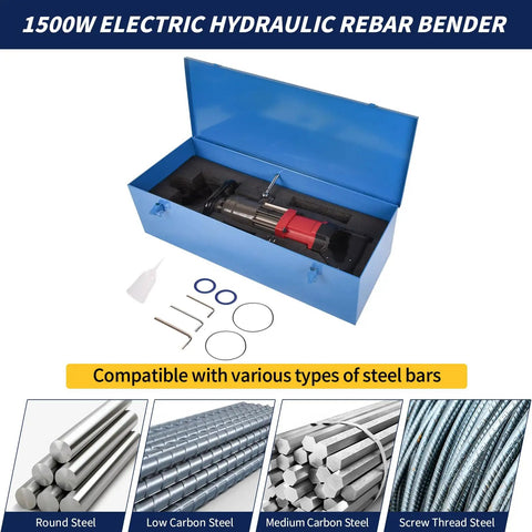 Heavy Duty 1.5kw Electric Hydraulic Rebar Bender Machine With Powerful Motor Bends Up To 1 Inch #8 Bar Easily inside storage box with tools.