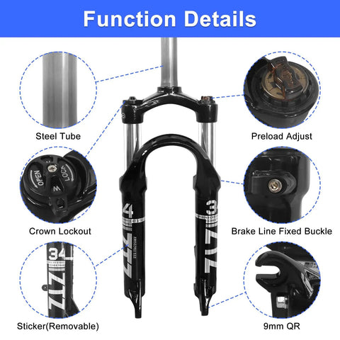 Folding Bike Front Suspension Fork With 80mm Travel, 100mm Hub Spacing, 9mm QR, Crown Lockout, Disc Brake Ready, function details