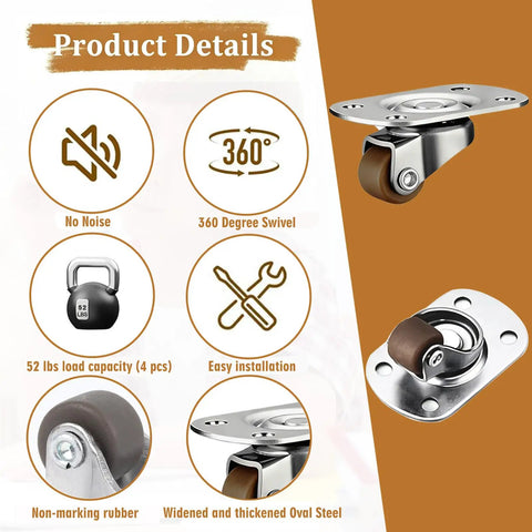 1/2 Inch Mini Swivel Caster Wheels Set Of 8 With 360 Degree Ball Bearings For Whisper Quiet Rolling showing details and installation features.