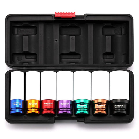 Half Inch Drive Wheel Protector Deep Impact Socket Set Seven Piece Ultra Thin Wall 6 Point Metric Kit With Color Coded Lug Nut Sockets 17mm 19mm 21mm 22mm 23mm 24mm 27mm Beefed Up Nylon Sleeve in open case