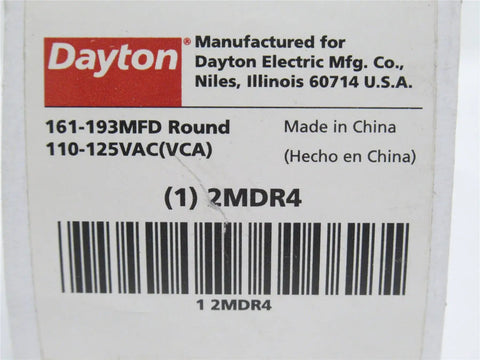 Built To Last Motor Start Capacitor 161 To 193 MFD 110V Round Molded Case label with Dayton branding