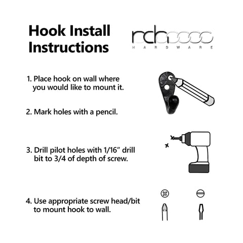Hook install instructions for Solid As A Rock Cast Iron Twist Wall Hook Heavy Duty Single Arm Screw Mount.