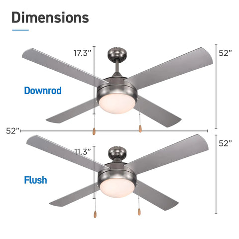 52 Inch Ceiling Fan With Lights For Big Rooms, Modern Silver 4 Plywood Blade Ceiling Fan, Dual Chain, Dimensions.