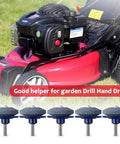 Blue Five Pack Lawn Mower Blade Sharpener For Any Power Drill With Corundum Stones shown beneath a lawnmower