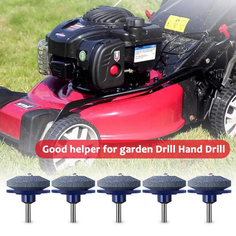 Blue Five Pack Lawn Mower Blade Sharpener For Any Power Drill With Corundum Stones shown beneath a lawnmower