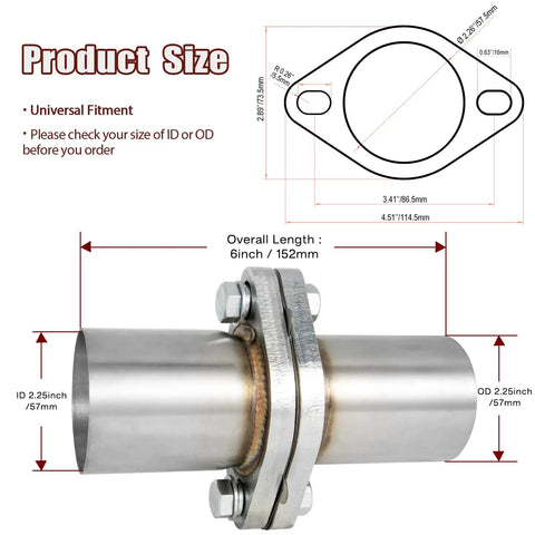 Top Shelf 2.25 Inch Exhaust Flange Pipe 2 Bolt Slotted Flange Stainless Steel Quick Fix Repair Kit with size measurements.