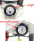 Before and after installation of Steel Spur Main Gear For 1 To 10 RC Cars 0.8M Module 32P 54T 56T 58T Built Tough For Traxxas.