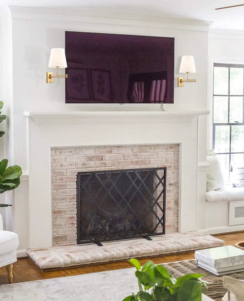 Gold Swing Arm Wall Lamp With Brass Finish And Linen Shade Two Pack Plug In Or Hardwired For Bedroom Bedside Reading Light In Living Room Hallway Dining Area Modern Farmhouse Sconces displayed above fireplace