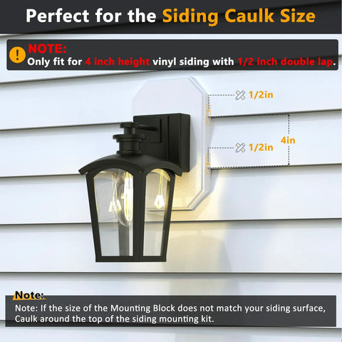 Outdoor Light Mounting Block Kit With Built In Electrical Box For Siding Four Inch By One Half Inch Lap Siding White Textured Paintable Finish DIY Friendly No Fuss Install On Vinyl Siding Durable Weatherproof Light Mount Plate on white vinyl siding