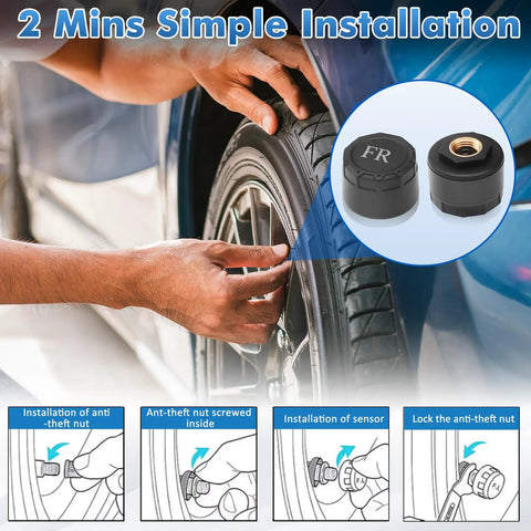 Real Time Tire Pressure Monitoring System With Solar Charging, 4 TPMS Sensors Pack, High Precision Readouts To 0.5 PSI, Updates Every 3 Seconds While Driving, Easy Install, Boost Safety And Driver Peace Of Mind. Two-minute tire sensor installation on car wheel