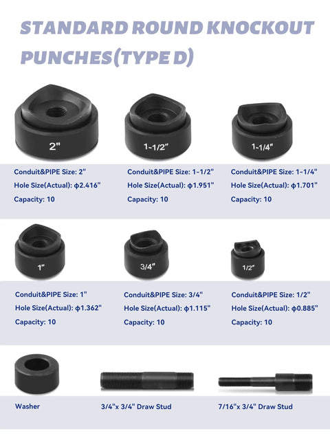 Standard round knockout punches with sizes ranging from 1/2 to 2 inches, part of 8 Ton Hydraulic Knockout Punch Kit for conduits.