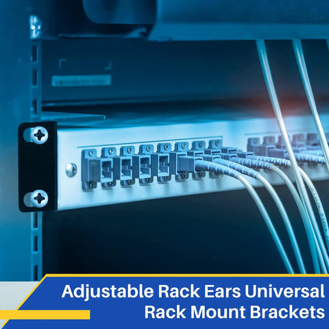Adjustable Rack Mount Brackets For 17.3 Inch Wide Switches Quick Install Steel Rack Ears showcased in a server rack with cables.