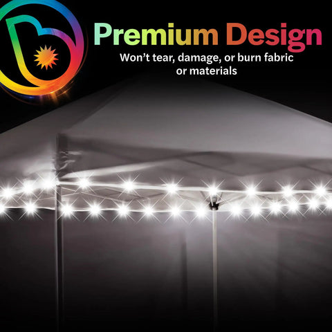 LED Canopy Lights For 10x10 Tents White Outdoor String Light Kit illuminating a canopy edge at night with premium design features.